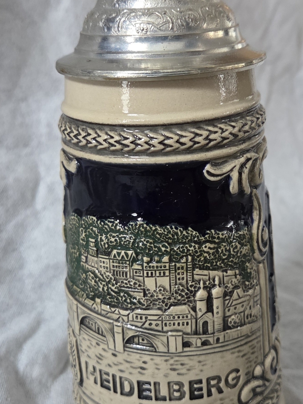 Heidelberg Ceramic Stein with Navy and Cream Detailing